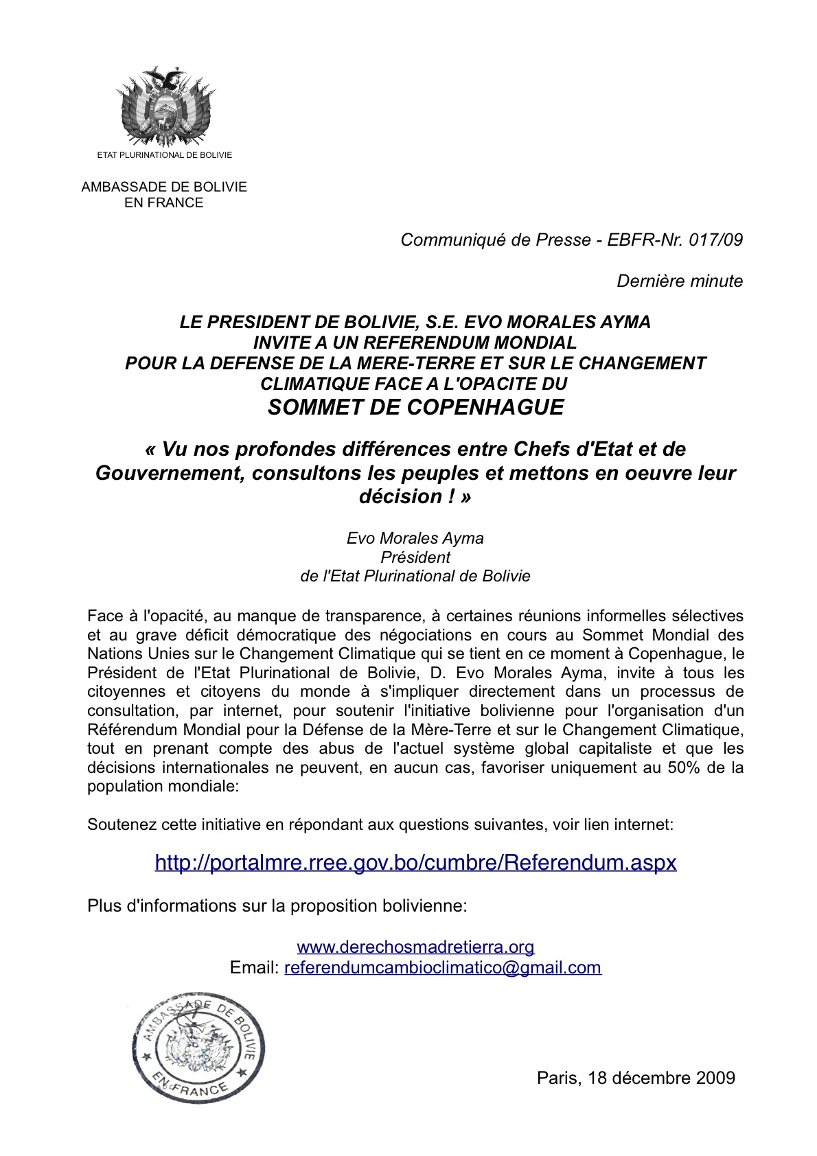 Evo Morales à Cop15 :  Un référendum mondial doit définir les politiques pour préserver la planète et sauver l&rsquo;humanité